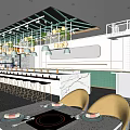 Modern Restaurant Interior Design With Bar Counter High Stools Green Decor And Pendant Lights
