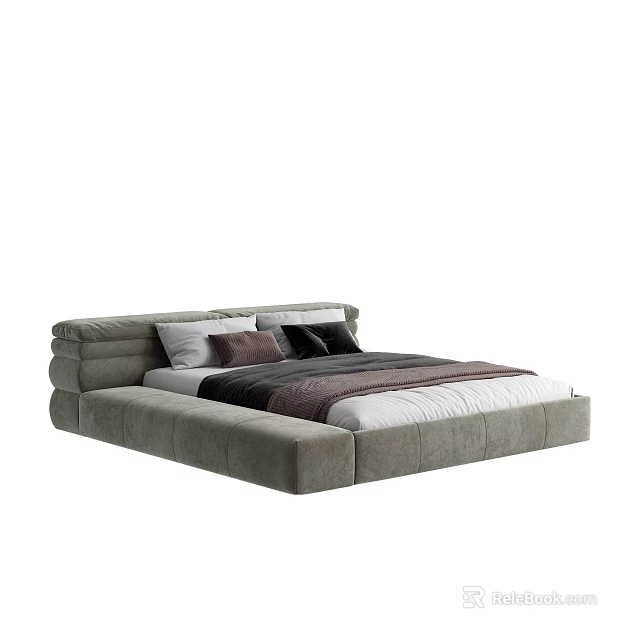 Modern Upholstered Double Bed In Gray With Padded Headboard And Decorative Pillows 3d model