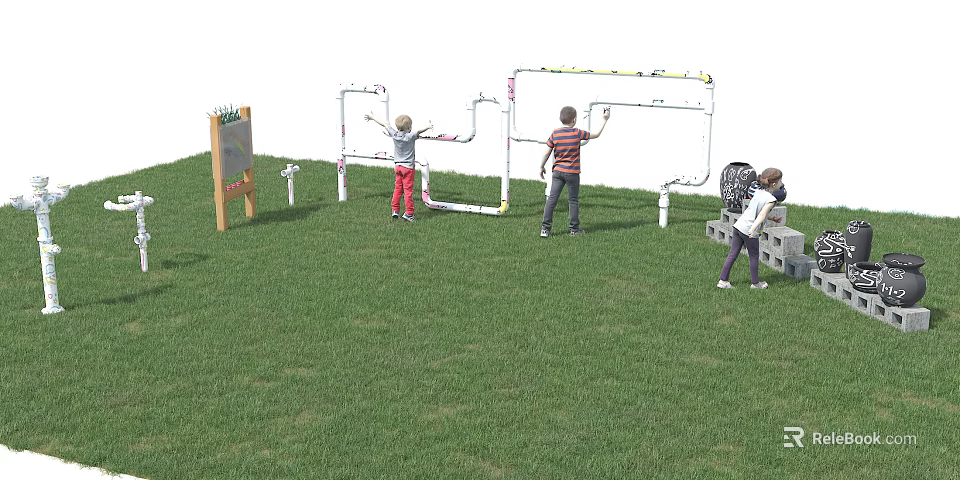 Kindergarten Outdoor Playground With Children Playing On Climbing Frame Easel And Blocks 3d model 