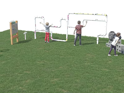 Kindergarten Outdoor Playground With Children Playing On Climbing Frame Easel And Blocks 3d model