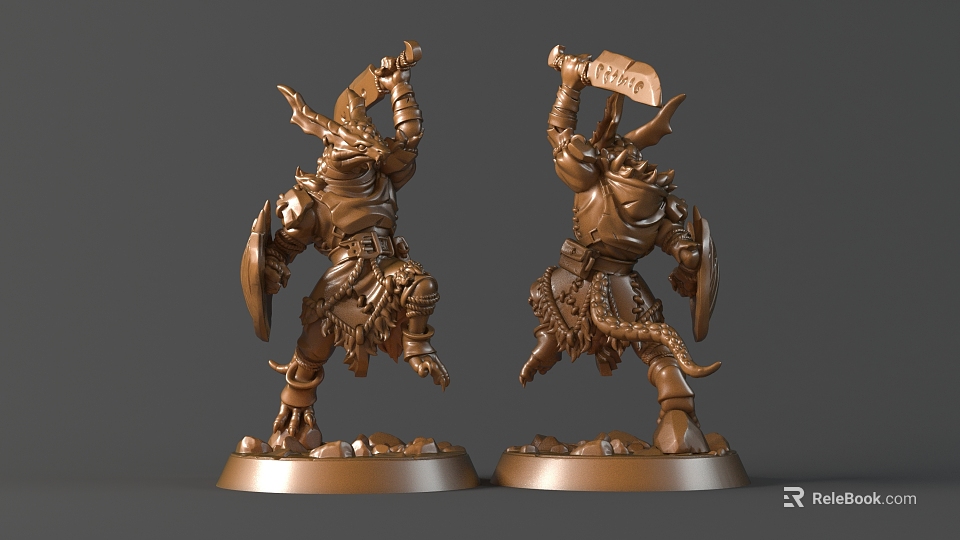 Detailed Warrior Sculpture Carving With Bronze Material Axe Shield And Decorative Base 3d model 