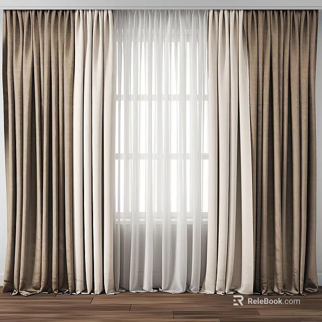 Modern Beige And White Double Layer Sheer Curtains For Window Light Filtering 3d model 