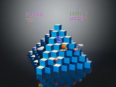 Space Mission Player Level 1 Exploring Blue Cosmic Pyramid With Red Planets And High Score 3d model
