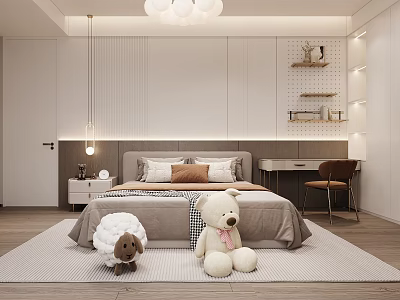 Modern Kids Room Interior With Bed Stuffed Bear Sheep Toys Desk And Chair 3d model