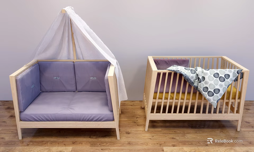 Wooden Baby Crib With Polka Dot Pattern Blanket And White Canopy Sofa Like Seat 3d model 