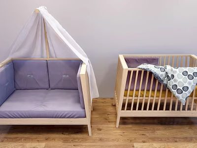 Wooden Baby Crib With Polka Dot Pattern Blanket And White Canopy Sofa Like Seat 3d model