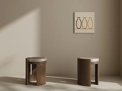 Stylish Minimalist Walnut Wood Upholstered Round Stools For Warm Neutral Tone Home Interior Decor 3d model