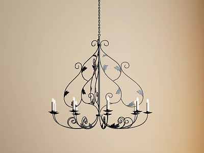 Wrought Iron Chandelier With Curved Design Bird Accents And Candle Style Lights On Beige Wall 3d model