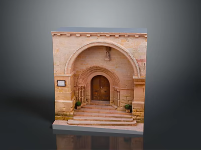 Traditional Stone Building Entrance With Arched Doorway Wooden Door Steps And Flower Pots 3d model