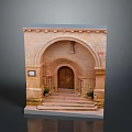 Traditional Stone Building Entrance With Arched Doorway Wooden Door Steps And Flower Pots