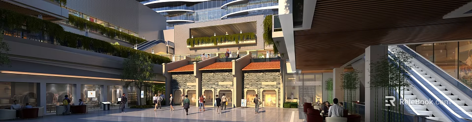 Bustling Commercial Street with Modern Architecture Greenery Pedestrians and Brick Storefronts 3d model 