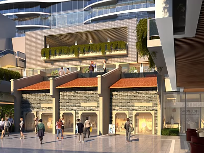 Bustling Commercial Street with Modern Architecture Greenery Pedestrians and Brick Storefronts 3d model