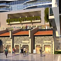 Bustling Commercial Street with Modern Architecture Greenery Pedestrians and Brick Storefronts
