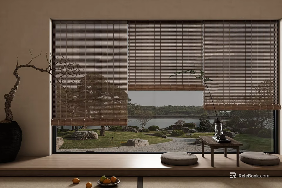 Natural Bamboo Blinds For Japanese Interior With Garden Lake View And Stone Decor 3d model 