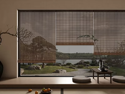 Natural Bamboo Blinds For Japanese Interior With Garden Lake View And Stone Decor 3d model