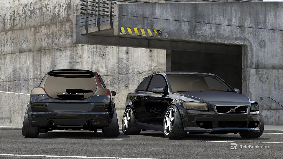 Two Black Cars Parked Near Concrete Structure With Yellow Warning Stripes 3d model 