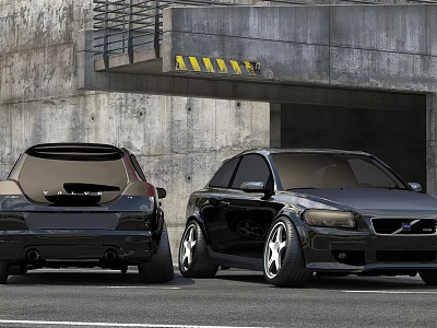 Two Black Cars Parked Near Concrete Structure With Yellow Warning Stripes 3d model