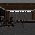 Modern Basement Interior Design With Stone Wall Wooden Ceiling Fitness Equipment And Pool Table 3d model