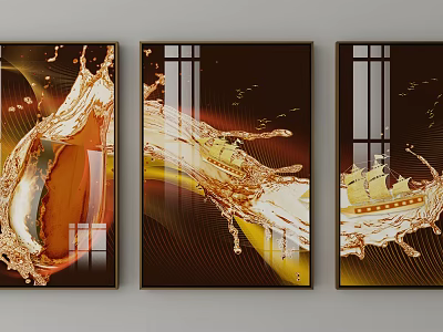 Modern Three Panel Wall Art With Golden Liquid Splashes Geometric Lines And Flying Birds 3d model