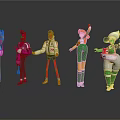 Colorful Dolls With Different Styles And Various Poses Standing On Reflective Surface