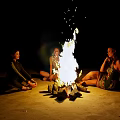 Garden Ornaments Enhance Bonfire Gathering With People Sitting On Sand At Night