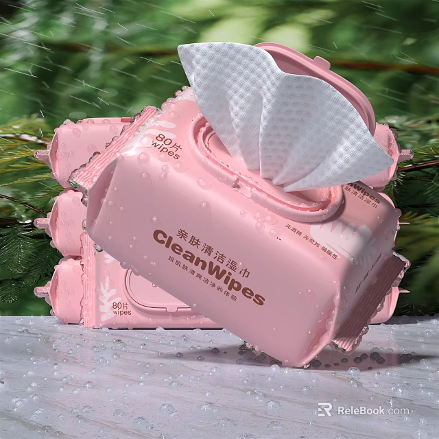 Pink CleanWipes Disinfectant Wipes With 50 Sheets And Green Leaves Background 3d model 