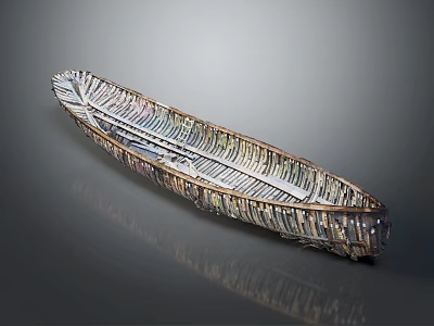 Feather Shaped Wooden Boat With Colorful Thin Slices Glossy Surface Smooth Gray Background And Reflection 3d model