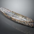Feather Shaped Wooden Boat With Colorful Thin Slices Glossy Surface Smooth Gray Background And Reflection
