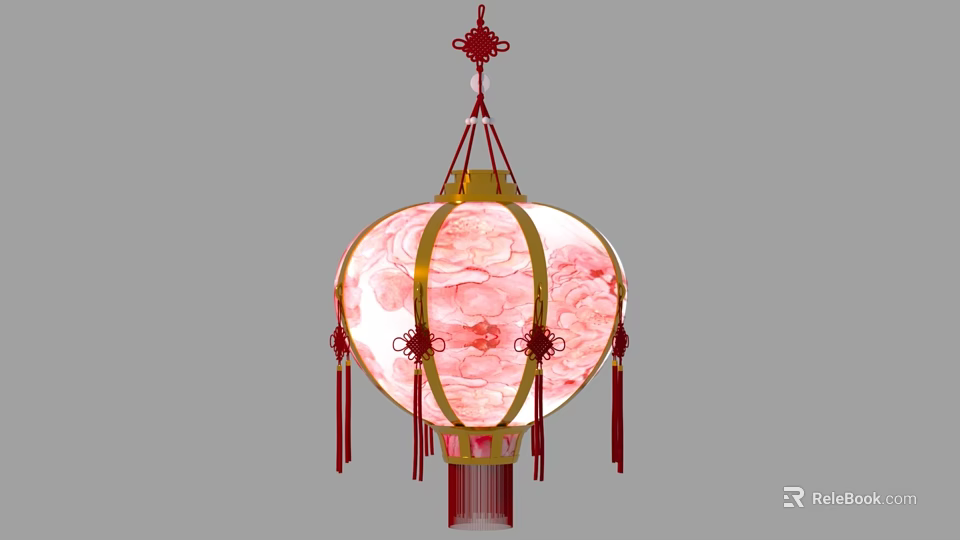 Traditional Chinese Decorative Lantern Featuring Red Pink Floral Patterns And Gold Frames With Tassels 3d model 