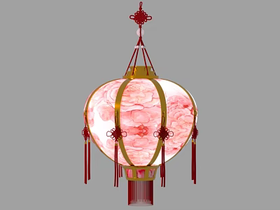Traditional Chinese Decorative Lantern Featuring Red Pink Floral Patterns And Gold Frames With Tassels 3d model