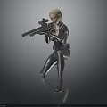 Blonde Woman in Black Combat Suit Holding Sniper Rifle in Crouching Position with Dark Background