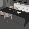 Modern Dining Table With Black Countertop Beige Chairs Green Fruits Glasses And Magazines