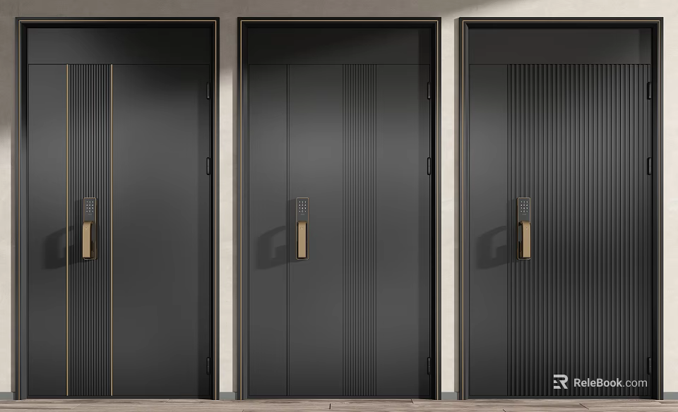 Modern Black Security Doors With Golden Handles And Vertical Stripe Design 3d model