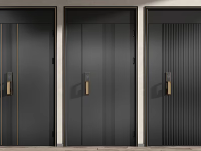 Modern Black Security Doors With Golden Handles And Vertical Stripe Design 3d model