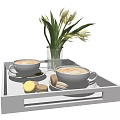 Two Latte Coffee Cups on White Tray with Yellow Tulips Vase and Macaron Desserts