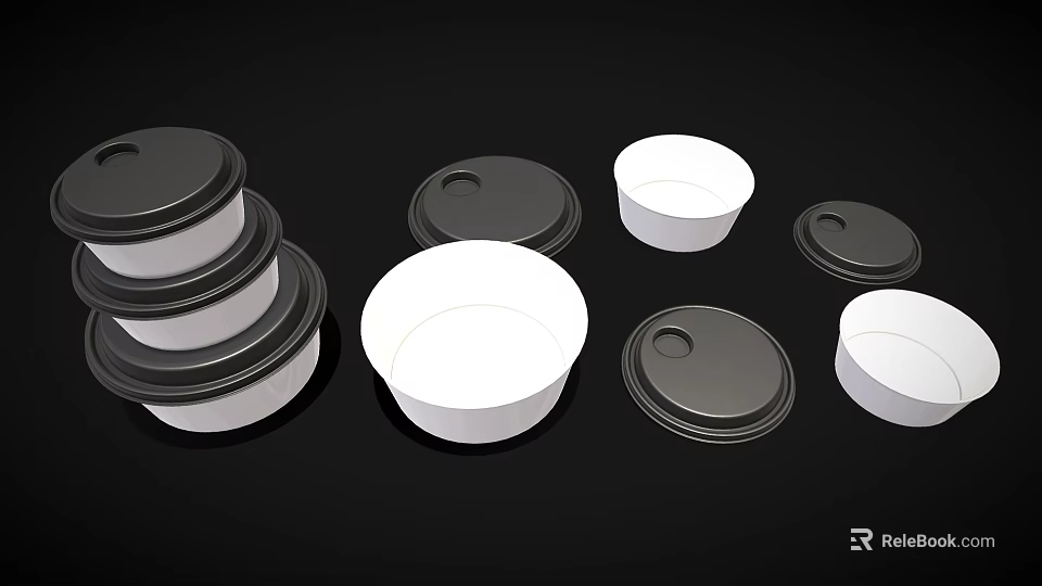 Practical Tableware Set With White Bowls And Black Lids For Food Storage 3d model