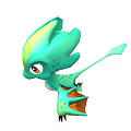 Turquoise Spotted Game And Movie Character With Wing Like Structures And Orange Accents