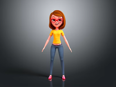 3D Cartoon Girl Character Wearing Yellow T-shirt Blue Jeans Red Glasses And Red Shoes 3d model