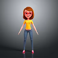 3D Cartoon Girl Character Wearing Yellow T-shirt Blue Jeans Red Glasses And Red Shoes