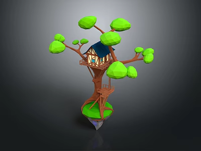 Colorful Birds Perched On Tree House Branches With Green Leaves And Small Cabin 3d model