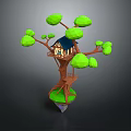 Colorful Birds Perched On Tree House Branches With Green Leaves And Small Cabin