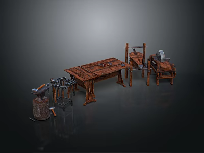 Rustic Handcrafted Wooden Dining Table With Tools And Wooden Frame In Workshop 3d model