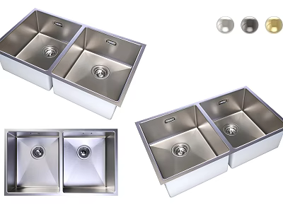 Stainless Steel Double Bowl Kitchen Sinks With Multiple Views And Metal Finish Knobs 3d model