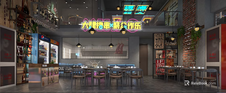 Casual Grill Restaurant With Tasty Skewers Perfect For Gathering Neon Sign Decor And Comfortable Seating 3d model 