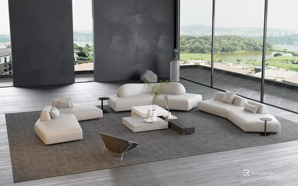 Modern White Sofa Coffee Table Set with Gray Rug and Scenic View 3d model