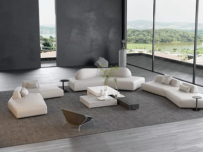 Modern White Sofa Coffee Table Set with Gray Rug and Scenic View 3d model