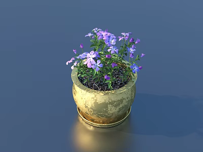 Blooming Bonsai Potted Plant With Small Purple Flowers And Golden Textured Pot 3d model