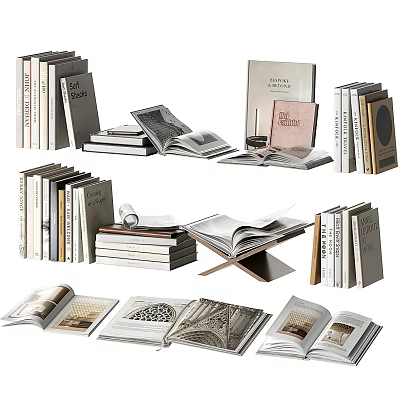 Elegant Books And Magazines Display With Stacked Open And Arranged Designs 3d model