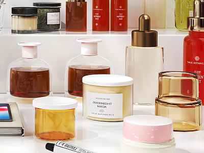 Perfume And Cosmetic Products With Golden Caps White Lids And Glass Containers On Display Shelf 3d model