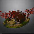 Scenic Miniature Red Roof House With Red Trees Grass And Stone Pathway